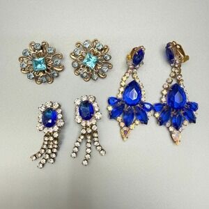 Vintage Rhinestone Clip On Earring Lot of 3 One Signed Husar D Cocktail Glam